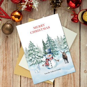 Watercolor Snowman Rabbit and Reindeer Christmas Holiday Card