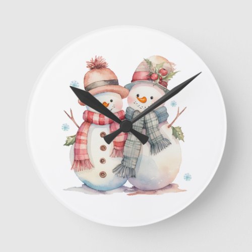 Watercolor Snowman  Round Clock