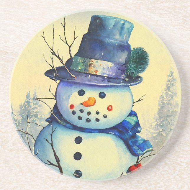 Watercolor Snowman Sandstone Coaster (Front)