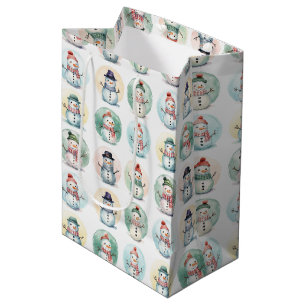 Watercolor Snowman Winter Pattern on White Medium Gift Bag