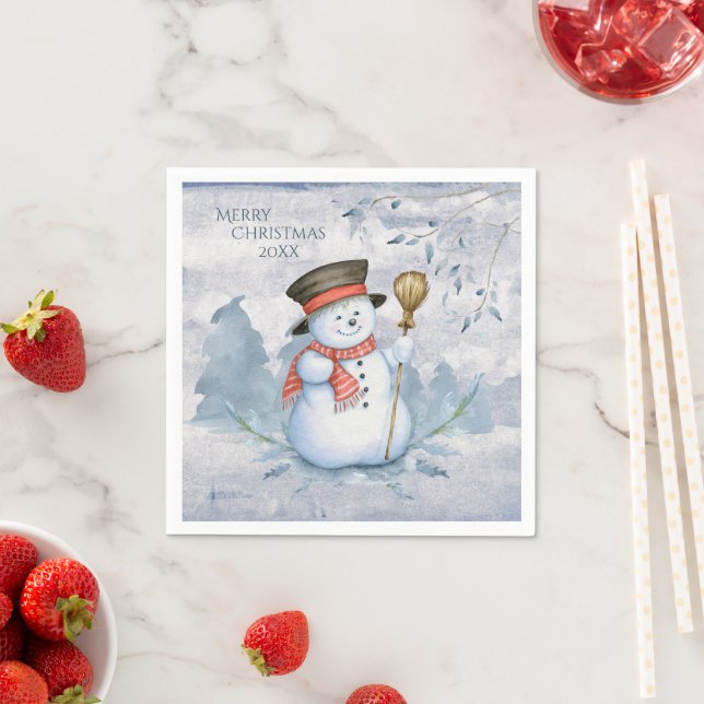 Watercolor Snowman Winter Snow Modern Christmas Napkins (Insitu)