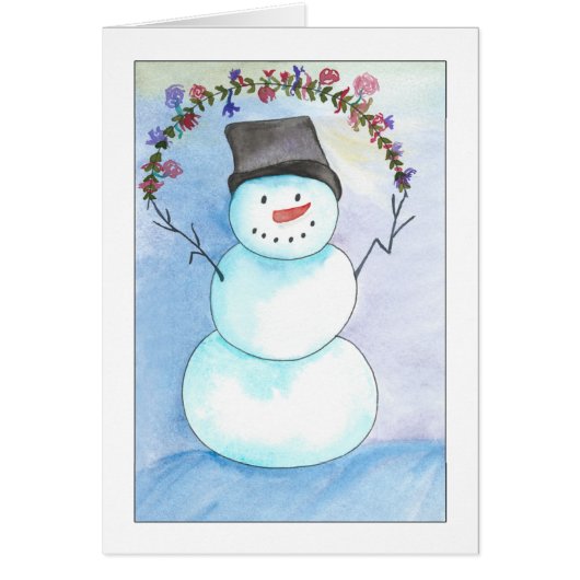 Watercolor Snowman With Floral Wreath Card (Front)
