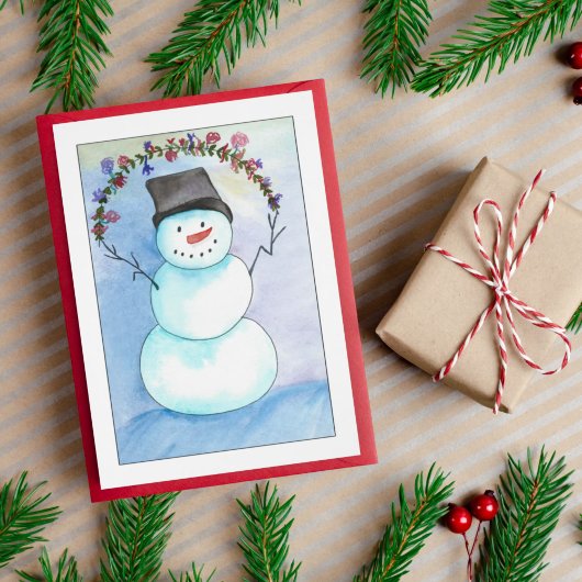 Watercolor Snowman With Floral Wreath Card