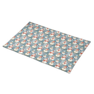 Watercolor Snowmen on Blue Cloth Placemat