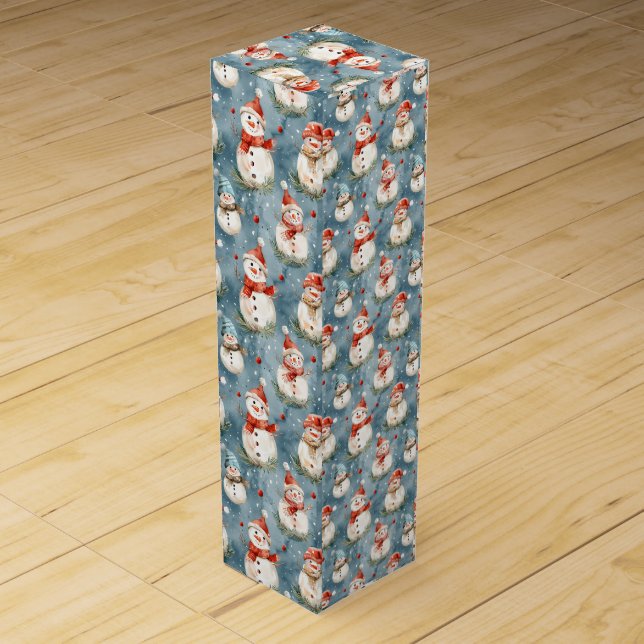Watercolor Snowmen on Blue Wine Box (Front)
