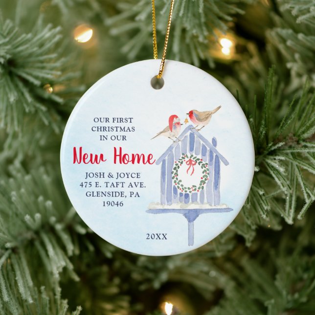 Watercolor Snowy Birdhouse Personalized New Home Ceramic Ornament (Tree)