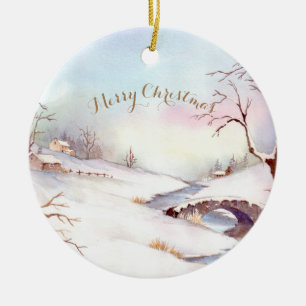 Watercolor Snowy Bridge Landscape Painting Ceramic Ornament