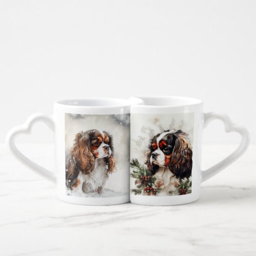 WATERCOLOR SNOWY CAVALIER KING CHARLES SPANIEL COFFEE MUG SET