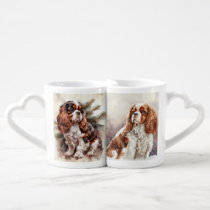 WATERCOLOR SNOWY CAVALIER KING CHARLES SPANIEL COFFEE MUG SET