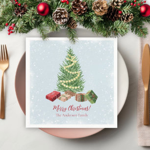 Watercolor Snowy Christmas Tree and Gifts Napkins