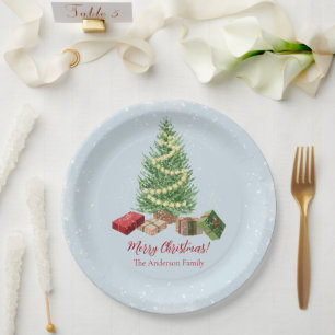 Watercolor Snowy Christmas Tree and Gifts Paper Plates