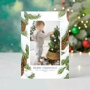 Watercolor Snowy Evegreen Pinecones Christmas Letterpress Photo Cards