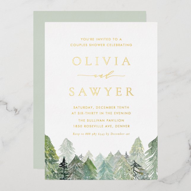 Watercolor Snowy Evergreen Forest Couples Shower Foil Invitation (Front/Back)
