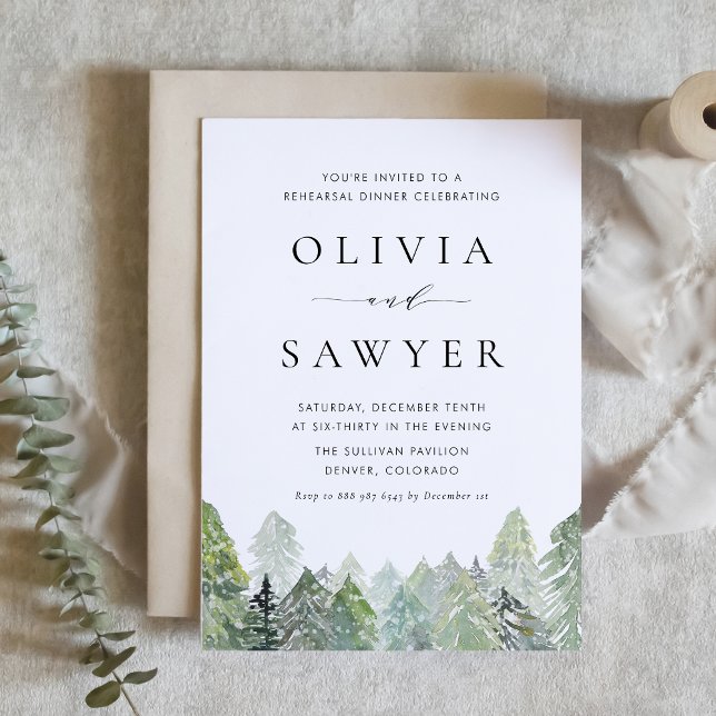 Watercolor Snowy Evergreen Forest Rehearsal Dinner Invitation (Rehearsal dinner invitation with snowy watercolor pine forest, perfect for rustic winter weddings.)