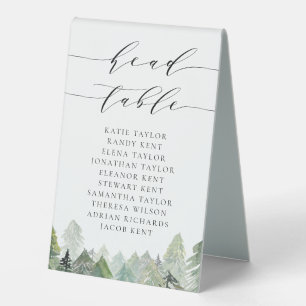 Watercolor Snowy Evergreen Forest Wedding Head Table Tent