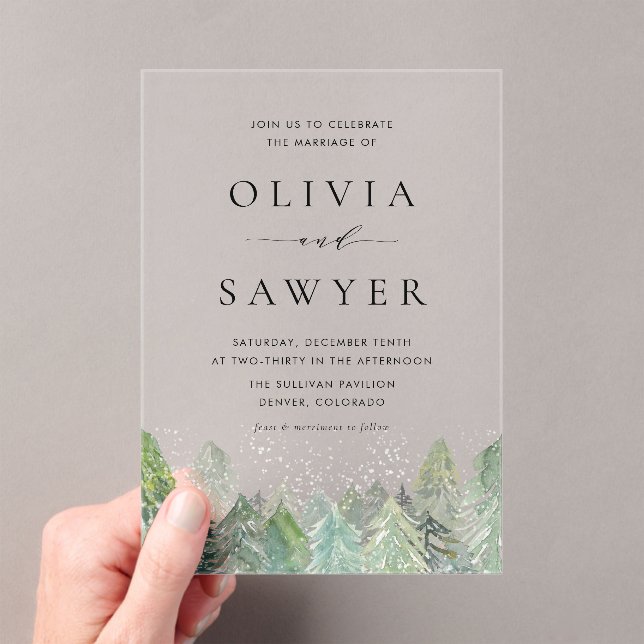 Watercolor Snowy Evergreen Forest Winter Wedding Acrylic Invitations (Insitu (Handheld))