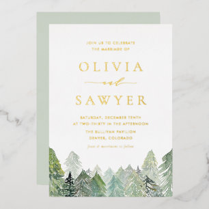 Watercolor Snowy Evergreen Forest Winter Wedding Foil Invitation