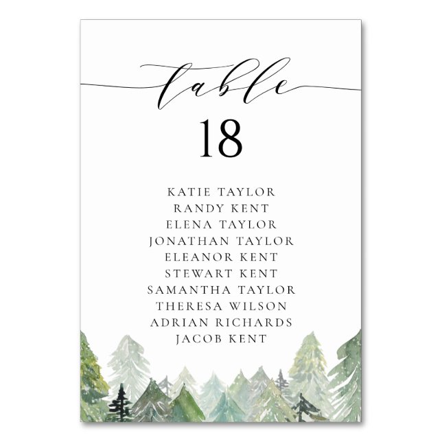 Watercolor Snowy Evergreen Forest Winter Wedding Table Number (Front)