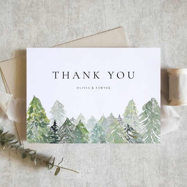 Watercolor Snowy Evergreen Forest Winter Wedding Thank You Card (Wedding thank you card featuring a snowy watercolor pine forest, perfect for rustic winter events.)