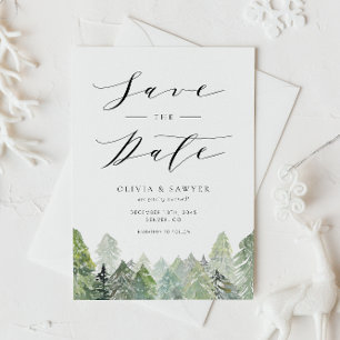 Watercolor Snowy Evergreen Woodland Winter Wedding Save The Date