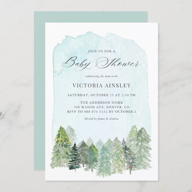 Watercolor Snowy Forest Winter Baby Shower Invitation (Front/Back)