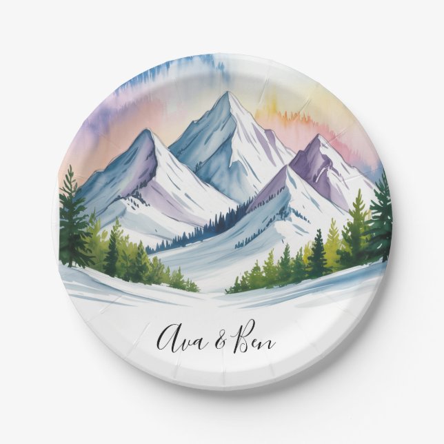 Watercolor Snowy Mountain Landscape Wedding Paper Plates (Front)