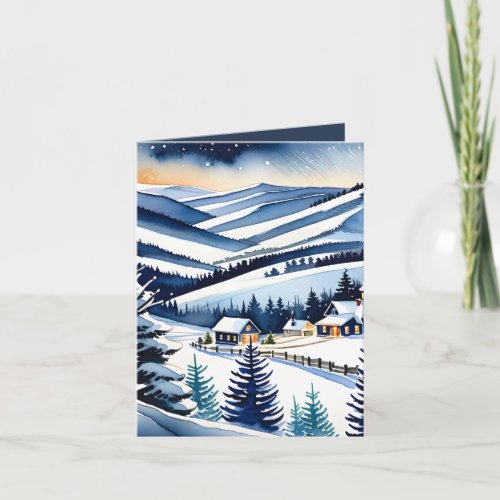 Watercolor Snowy Mountain Village Landscape Holiday Card