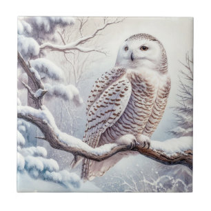 Watercolor Snowy Owl Ceramic Tile