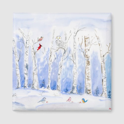 Watercolor Snowy Owl Song Birds And Birch Trees Magnet