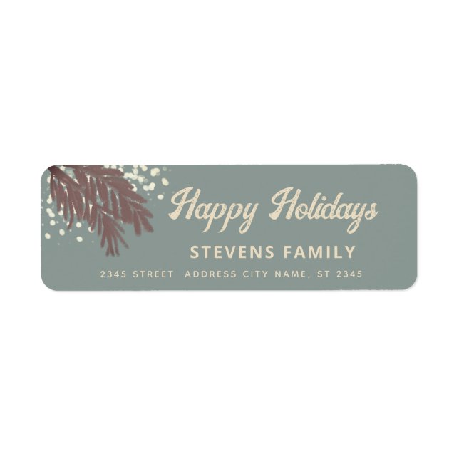 Watercolor snowy pine branch Happy Holidays Label (Front)