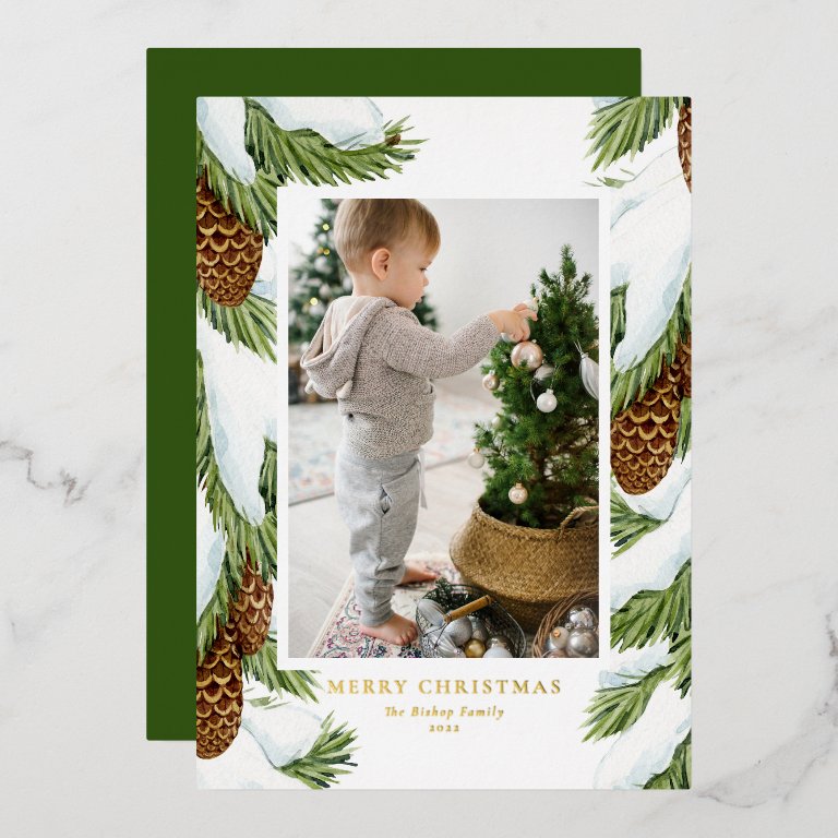 Watercolor Snowy Pine Cones Merry Christmas Photo Foil Holiday Card
