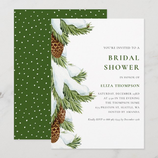 Watercolor Snowy Pine Needles Bridal Shower Invitation (Front/Back)