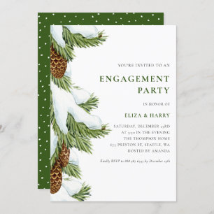 Watercolor Snowy Pine Needles Engagement Party Invitation