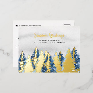 Watercolor Snowy Pine Trees Forest Winter Business Foil Holiday Postcard