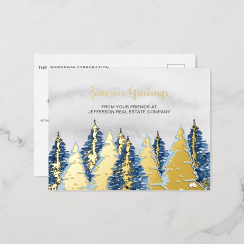 Watercolor Snowy Pine Trees Forest Winter Business Foil Holiday Postcard