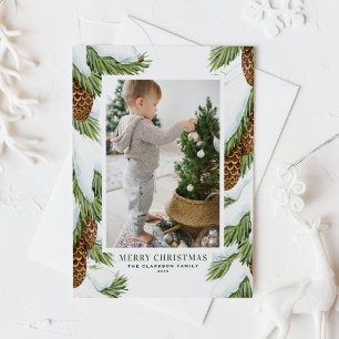 Watercolor Snowy Pinecones Christmas Photo Holiday Card