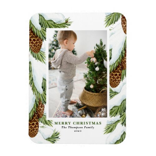 Watercolor Snowy Pinecones Christmas Photo Magnet