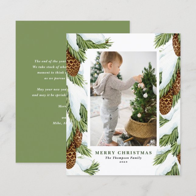 Watercolor Snowy Pinecones Photo Christmas Card (Front/Back)