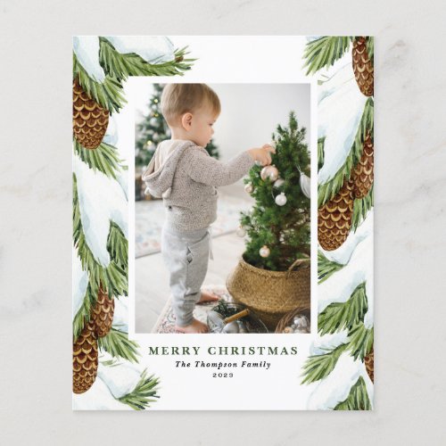 Watercolor Snowy Pinecones Photo Christmas Card