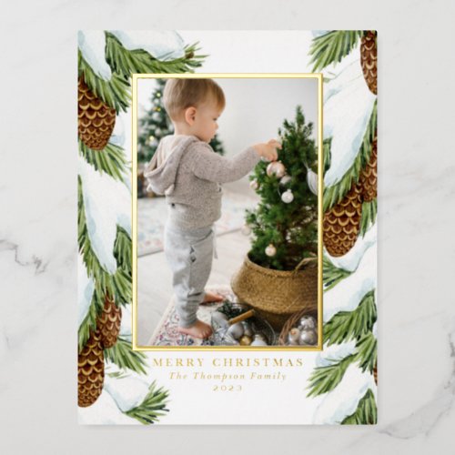 Watercolor Snowy Pinecones Photo Merry Christmas Foil Holiday Postcard