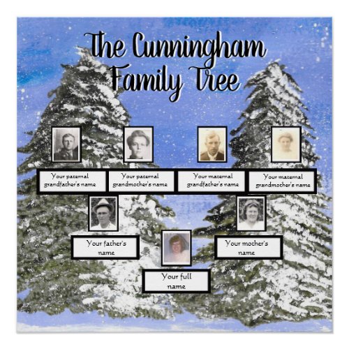 Watercolor Snowy Pines Photo Family Tree    Poster