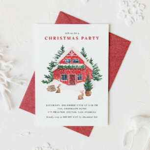 Watercolor Snowy Red Cottage Christmas Party Invitation