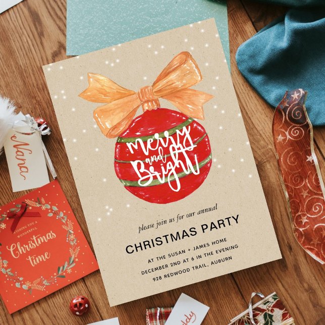 Watercolor Snowy Red Ornaments Merry & Bright Invitation (Creator Uploaded)