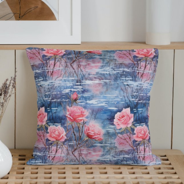 Watercolor Snowy Rose Reflections Throw Pillow (Creator Uploaded)