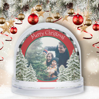 Watercolor Snowy Trees With Black Plaid Snow Globe