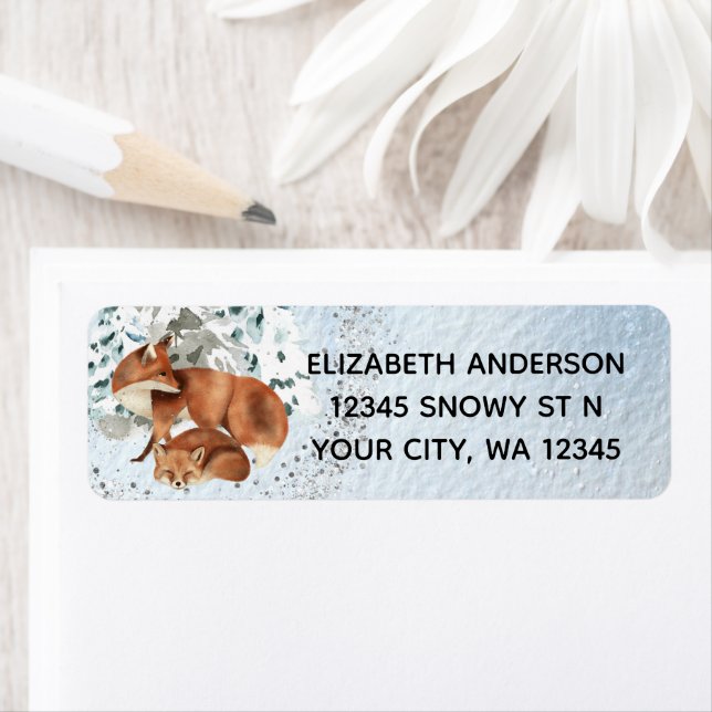 Watercolor Snowy Winter Cute Mom Baby Fox Address Label (Insitu)