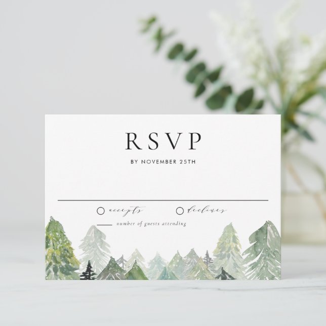 Watercolor Snowy Winter Evergreen Forest Wedding RSVP Card (Standing Front)