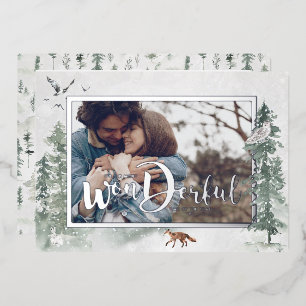 Watercolor Snowy Winter Pine Trees Photo Holiday Foil Invitation