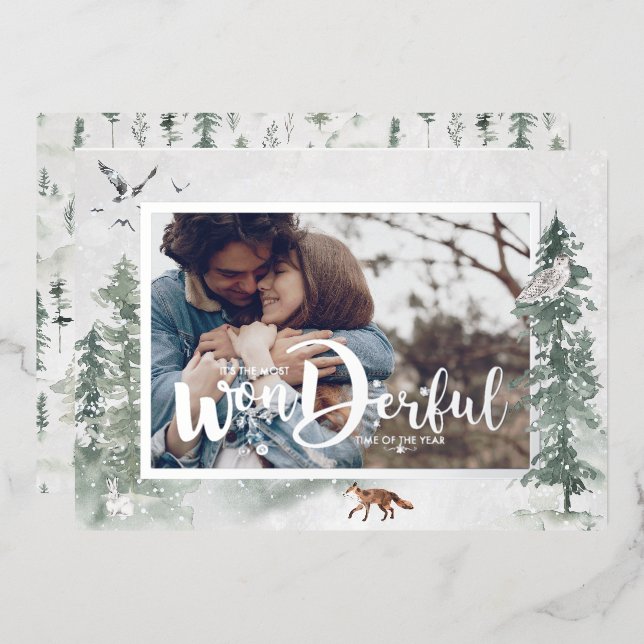 Watercolor Snowy Winter Pine Trees Photo Holiday Foil Invitation (Front/Back)