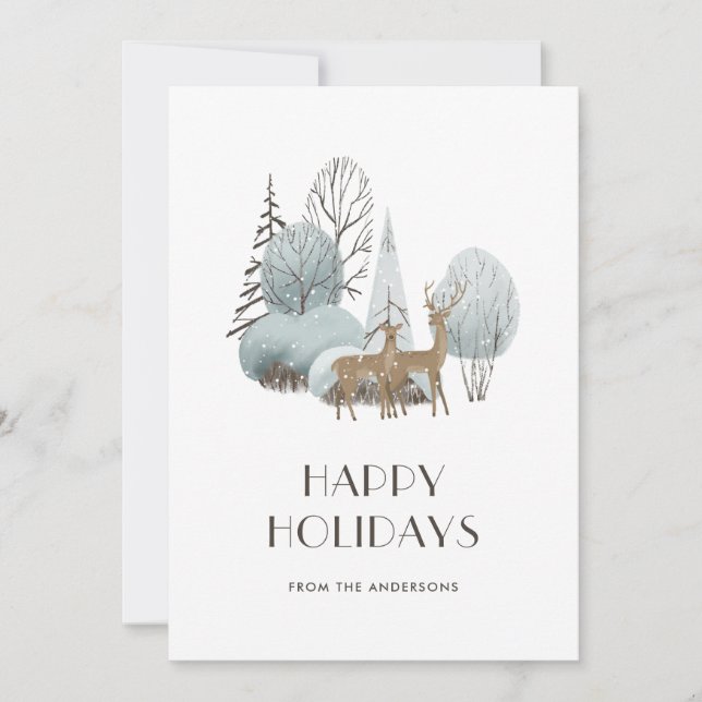 Watercolor Snowy Winter Scene Forest Deer Holiday Card (Front)
